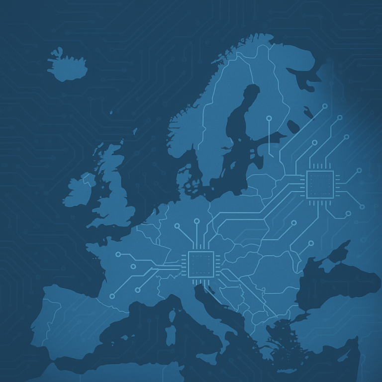 European Semiconductor Supply Chain Resilience – SourceArc Advisory Abstract illustration of Europe with circuit patterns symbolizing semiconductor supply chains and resilience across mature technologies.